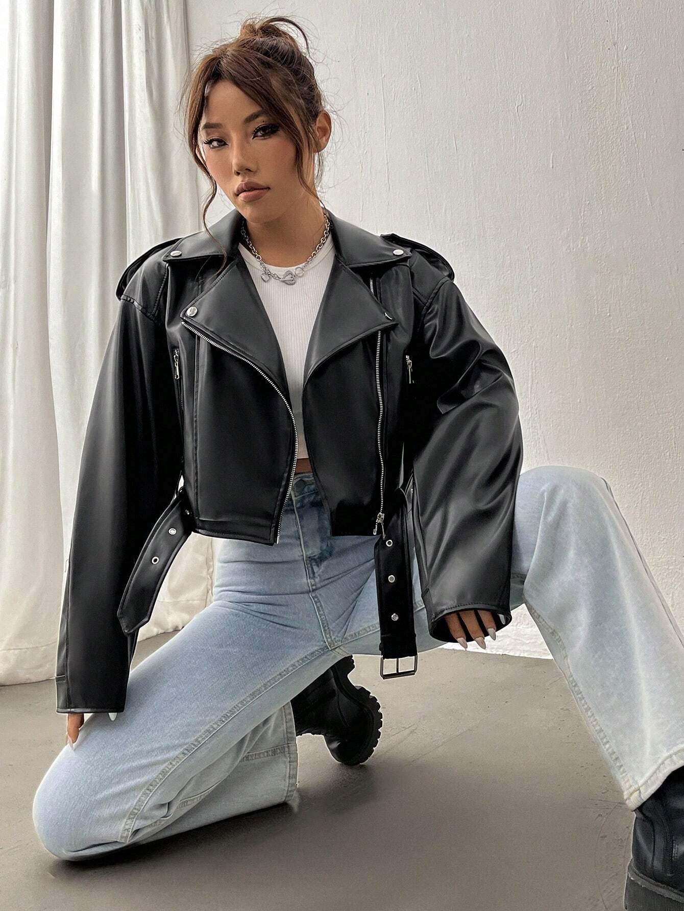 Women's PU Leather Moto Jacket - Zip Up Fall/Winter Outerwear